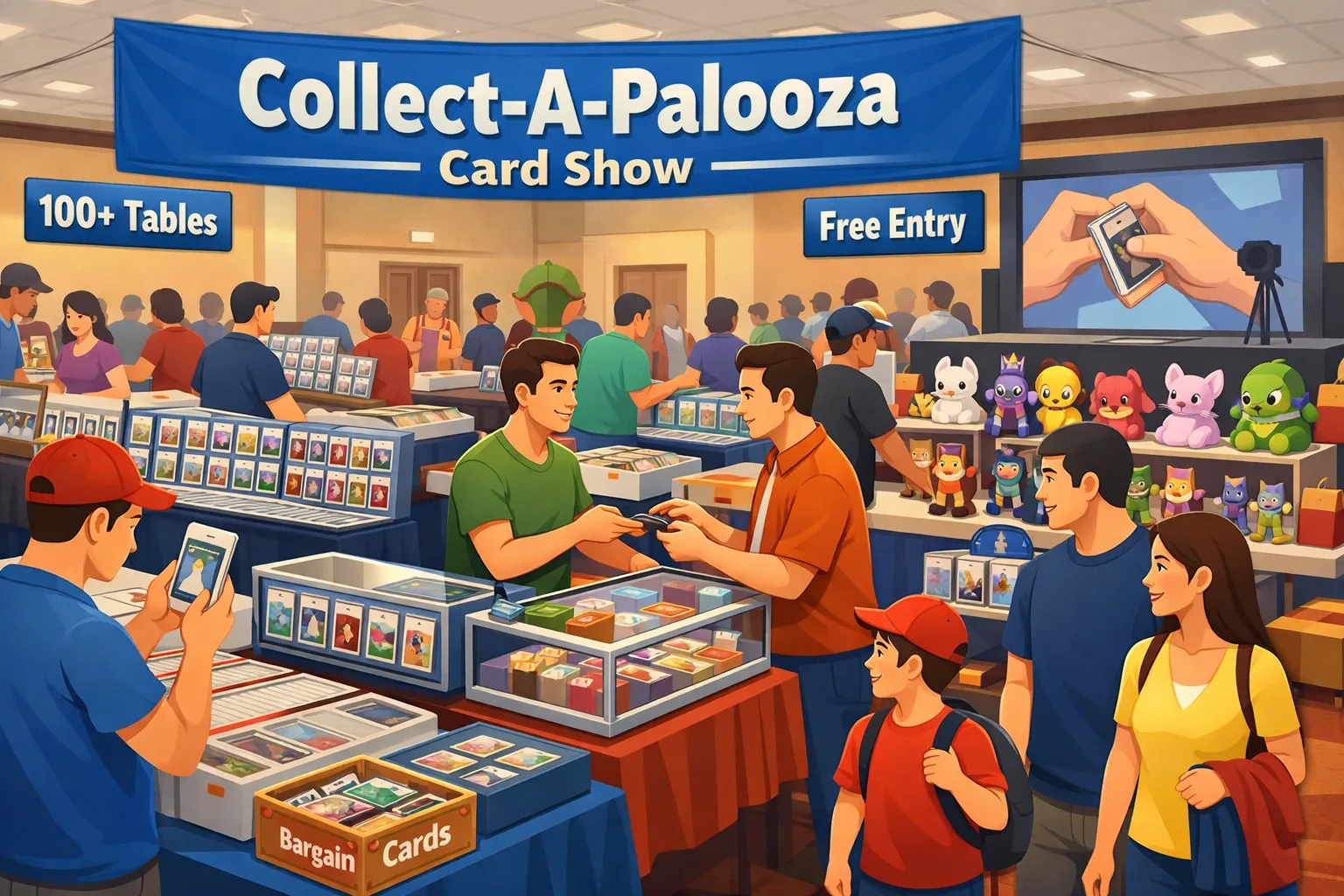 Collect-A-Palooza Card Show in Addison, IL featuring vendor tables, sports cards, Pokémon-style cards, figures, and collectibles inside a busy suburban banquet hall.