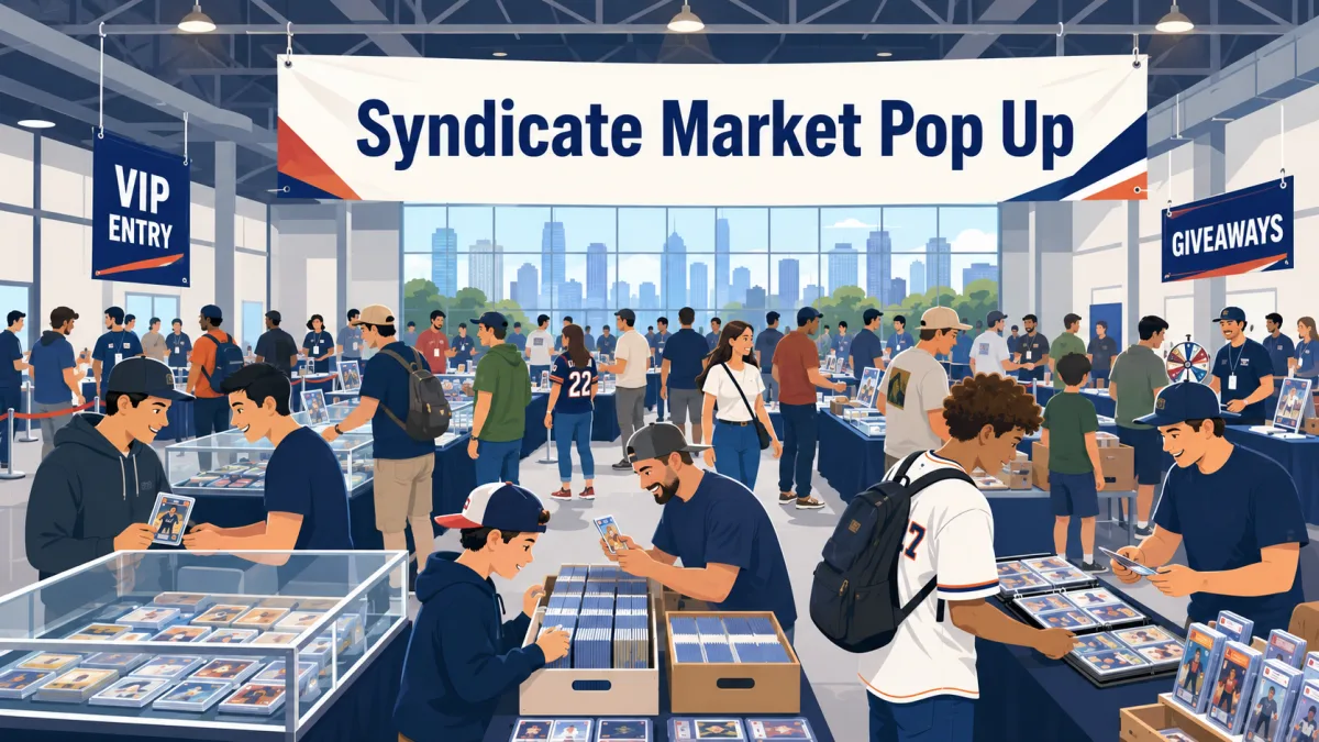 Syndicate Market Pop Up in Houston with collectors at glass display cases of graded cards, long boxes of trading cards, and a prize wheel by VIP entry.