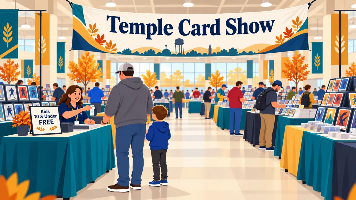 An adult and child approach an admission desk beneath a Temple Card Show banner while collectors browse trading card tables in a bright convention hall.