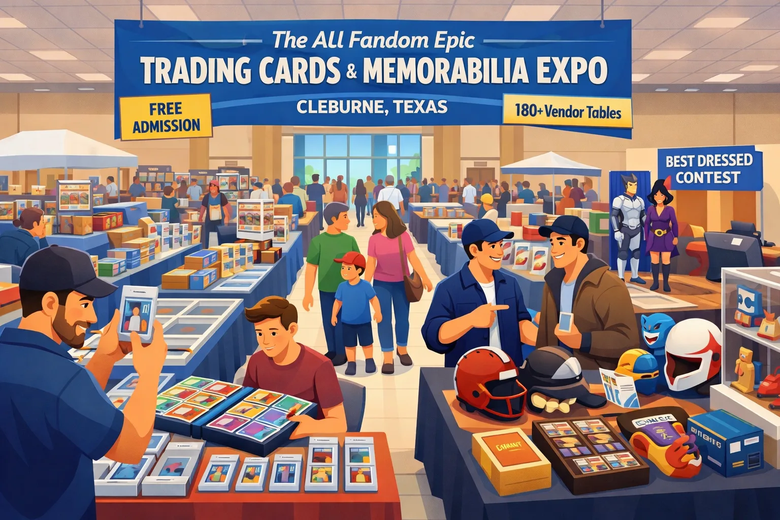 The Fandom Epic Trading Cards & Memorabilia Expo hero illustration showing a busy collector expo in Cleburne, Texas with vendor tables, card displays, comics, toys, cosplay attendees, and families browsing on May 16, 2026.