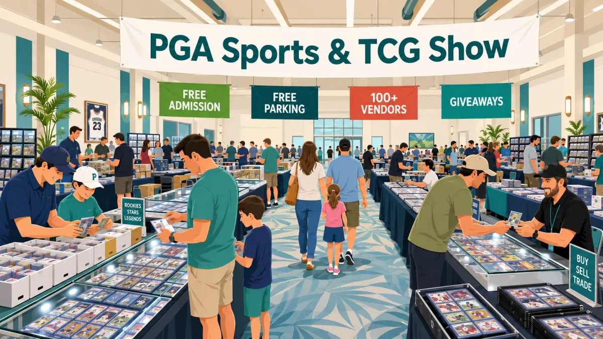 PGA Sports and TCG Show indoor card show with glass display cases of graded cards, families browsing tables, and Buy Sell Trade vendor stations.
