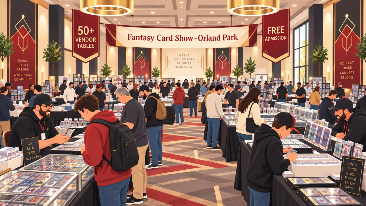 Collectors browse and trade at rows of vendor tables inside the Fantasy Card Show - Orland Park, beneath signs noting 50+ vendor tables and free admission.