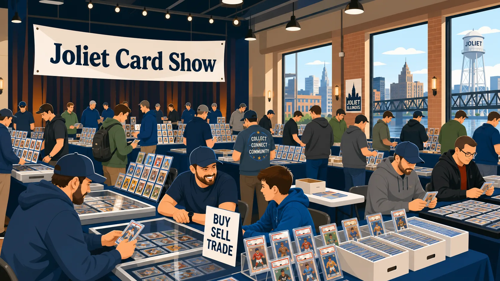 Joliet Card Show in Illinois with collectors browsing packed rows of graded sports cards, glass display cases, and a Buy/Sell/Trade dealer table.