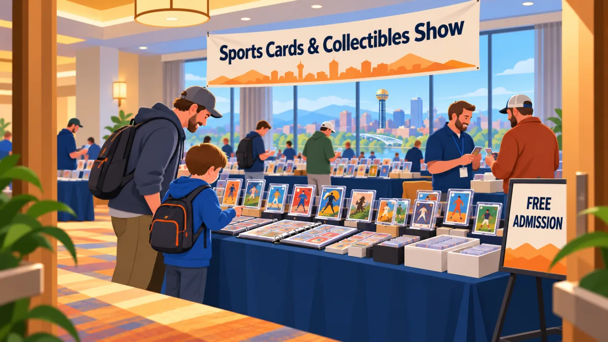 Collectors and a family browse trading card tables and discuss a trade inside a hotel meeting room beneath a Sports Cards & Collectibles Show banner. A small sign reads FREE ADMISSION.