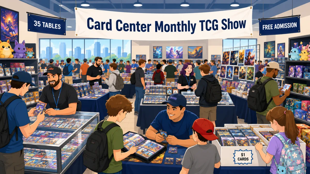 Card Center Monthly TCG Show floor with collectors browsing glass display cases of trading cards, Pokemon plush shelves and a one dollar card bin.