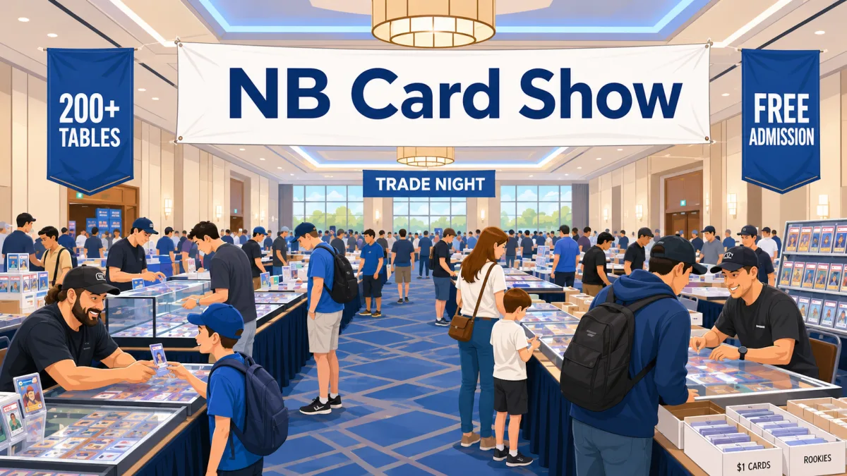 NB Card Show banner above a busy ballroom of collectors browsing glass cases of graded cards, with 200+ tables, Trade Night signage, and dollar bargain boxes