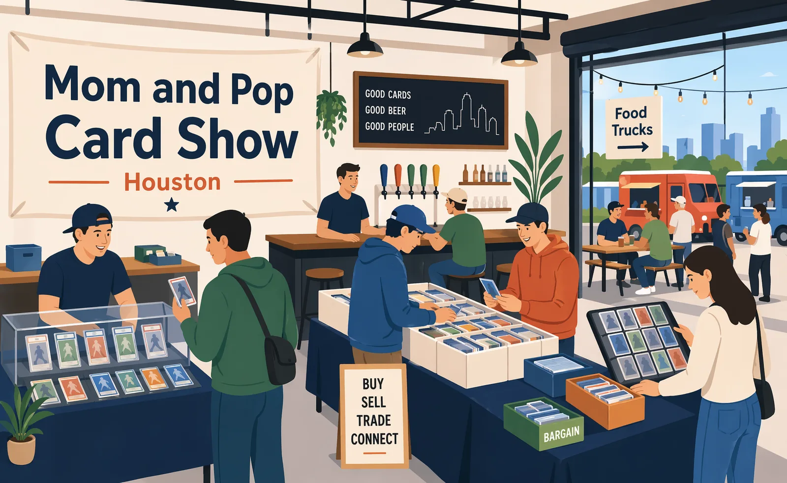 Illustrated show floor for the Mom and Pop Card Show in Houston inside a brewery-style venue, with vendor tables, sports card displays, trading card binders, bargain boxes, and collectors browsing.