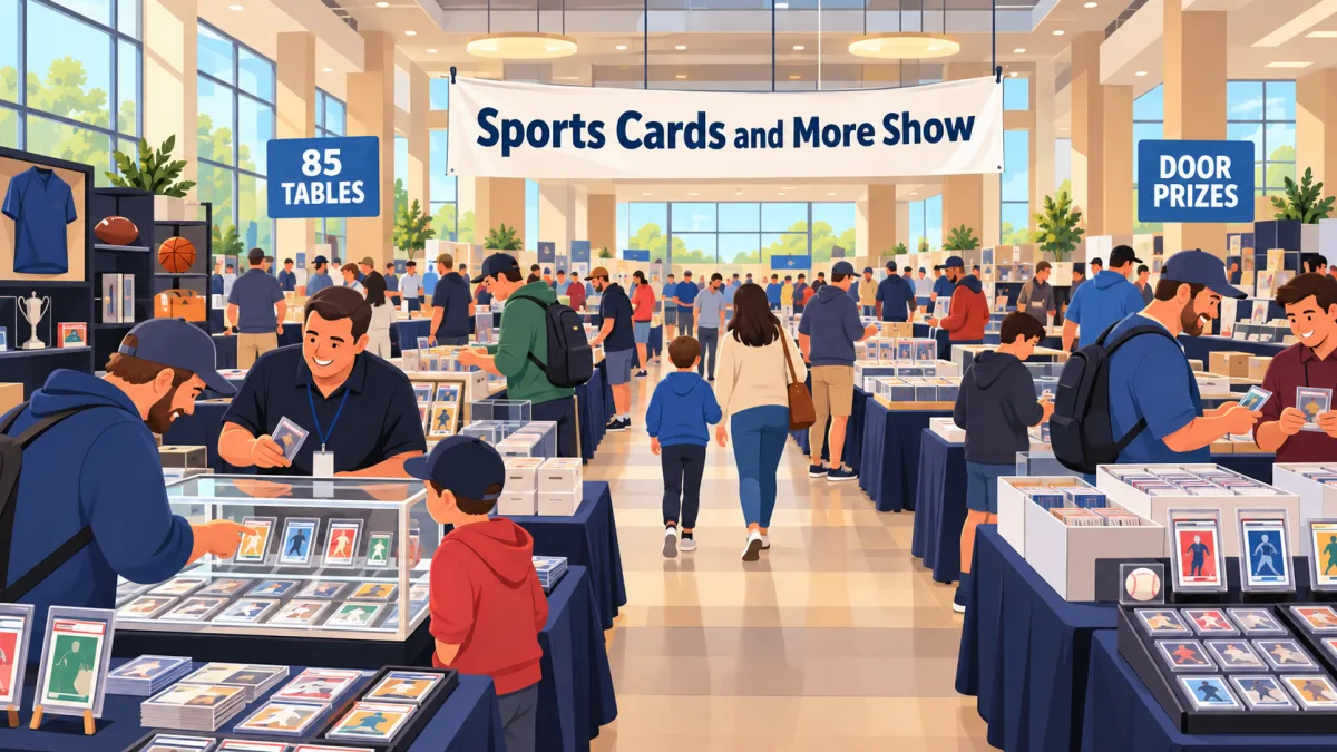 Collectors and supervised families browse sports cards and memorabilia across a civic center show floor beneath a Sports Cards and More Show banner.