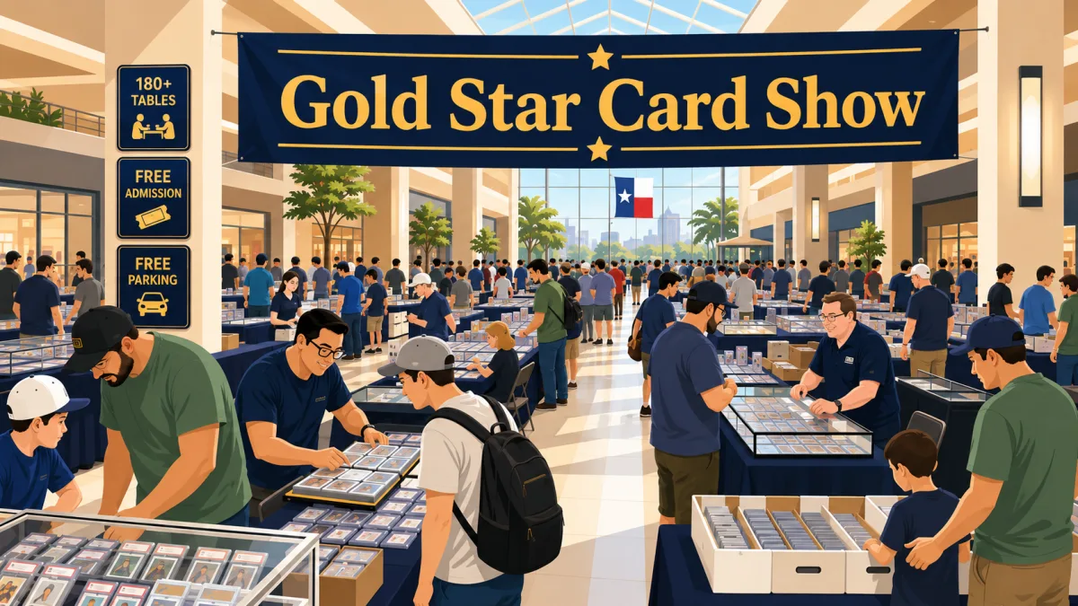 Illustration of collectors browsing vendor tables and card displays beneath a Gold Star Card Show banner inside Ridgmar Mall.