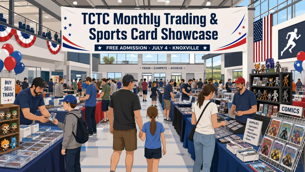 TCTC Monthly Trading and Sports Card Showcase in Knoxville, TN, with vendor tables, buy sell trade signage, comics racks, and families browsing cards