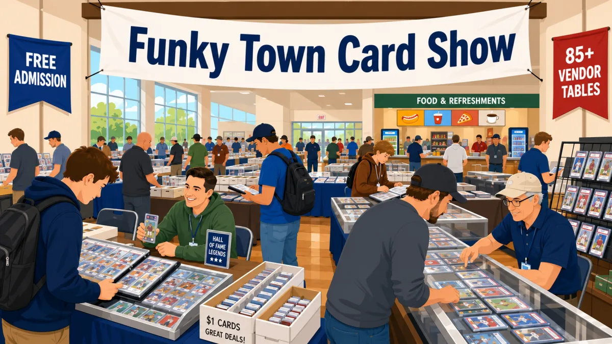 Funky Town Card Show with collectors browsing graded card display cases, dollar bargain boxes, and 85 plus vendor tables near a food and refreshments area.