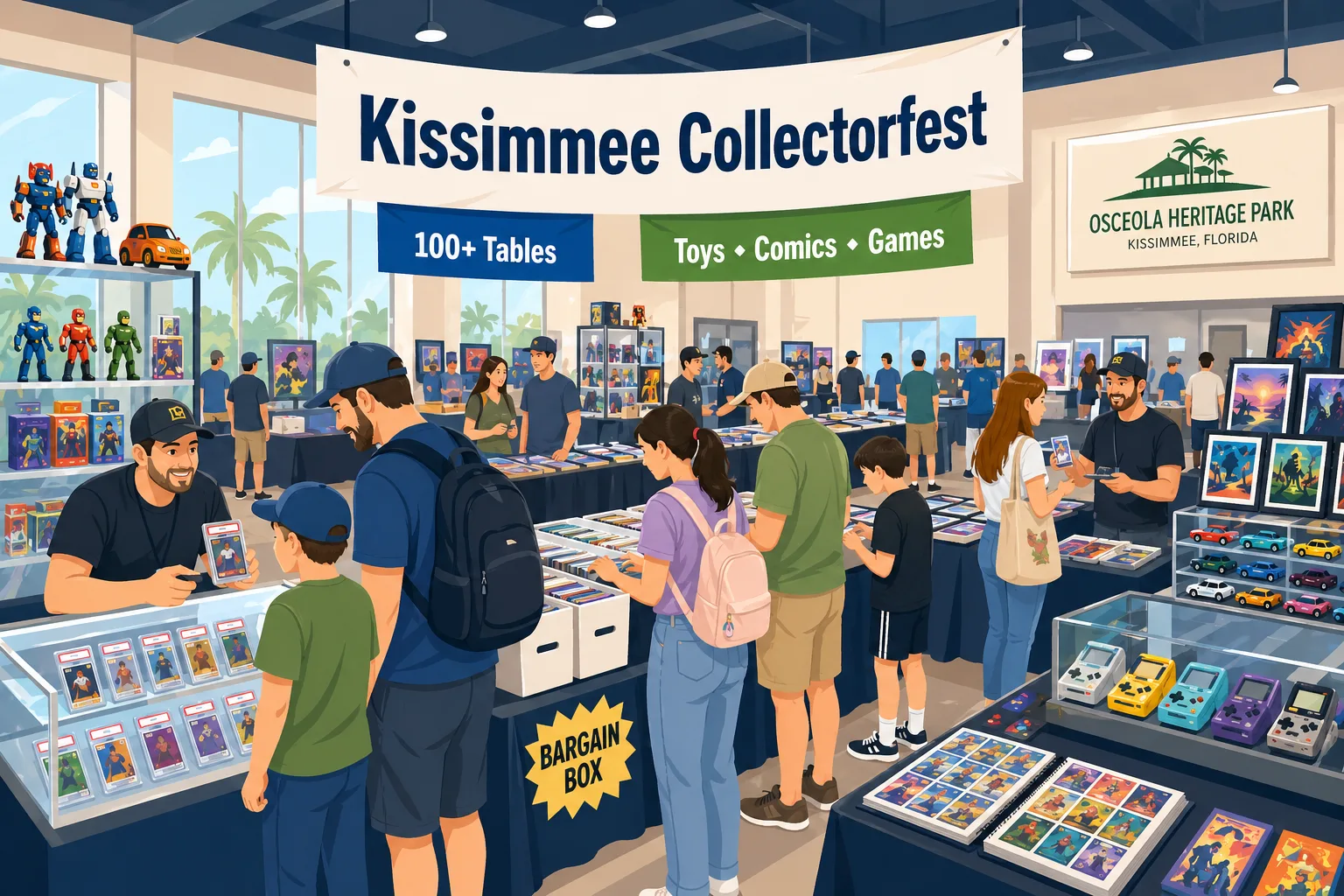Kissimmee Collectorfest at Osceola Heritage Park, Florida — collectors browse 100+ tables of graded cards, comic long boxes, action figures and diecast cars.