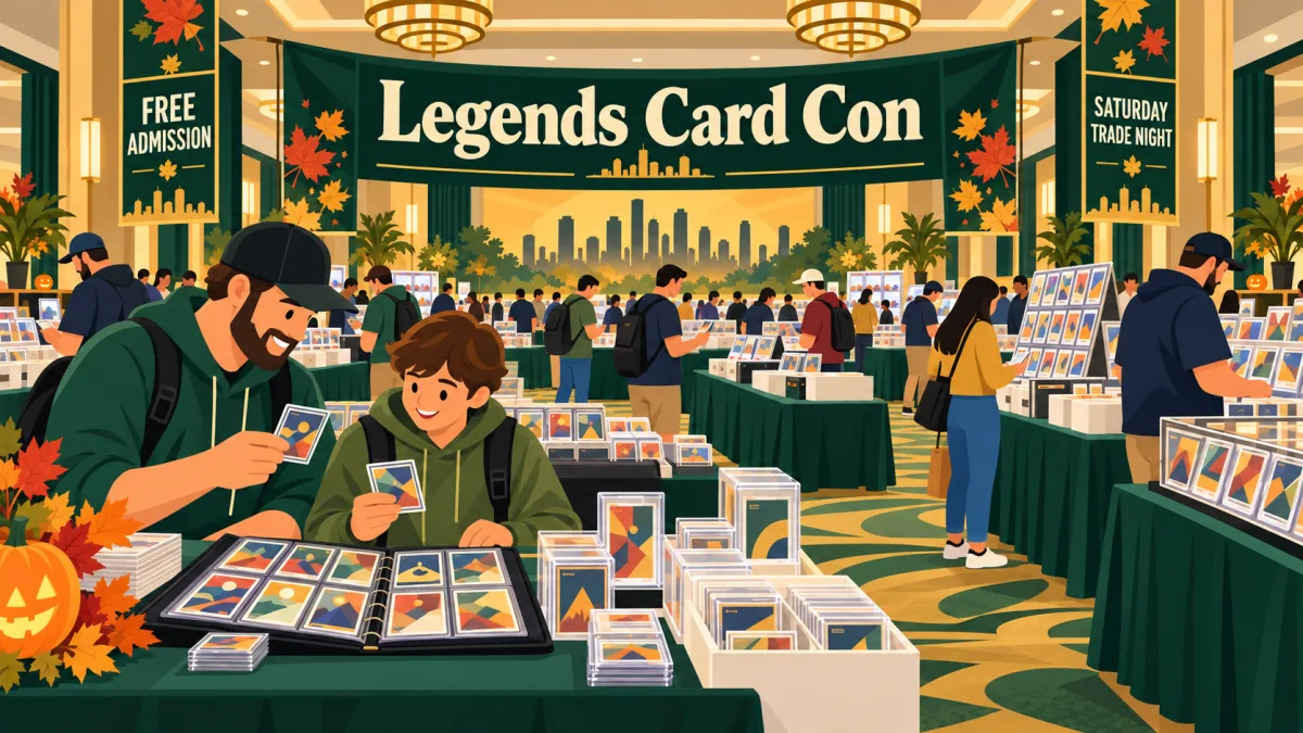 Collectors browse card displays and compare cards beside an open binder in a hotel meeting hall. A Legends Card Con banner hangs above the tables, with signs for free admission and Saturday Trade Night.