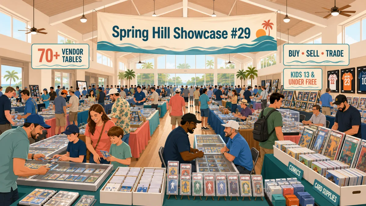 Illustration of families and collectors browsing card and memorabilia tables beneath a Spring Hill Showcase #29 banner inside a bright parish hall.