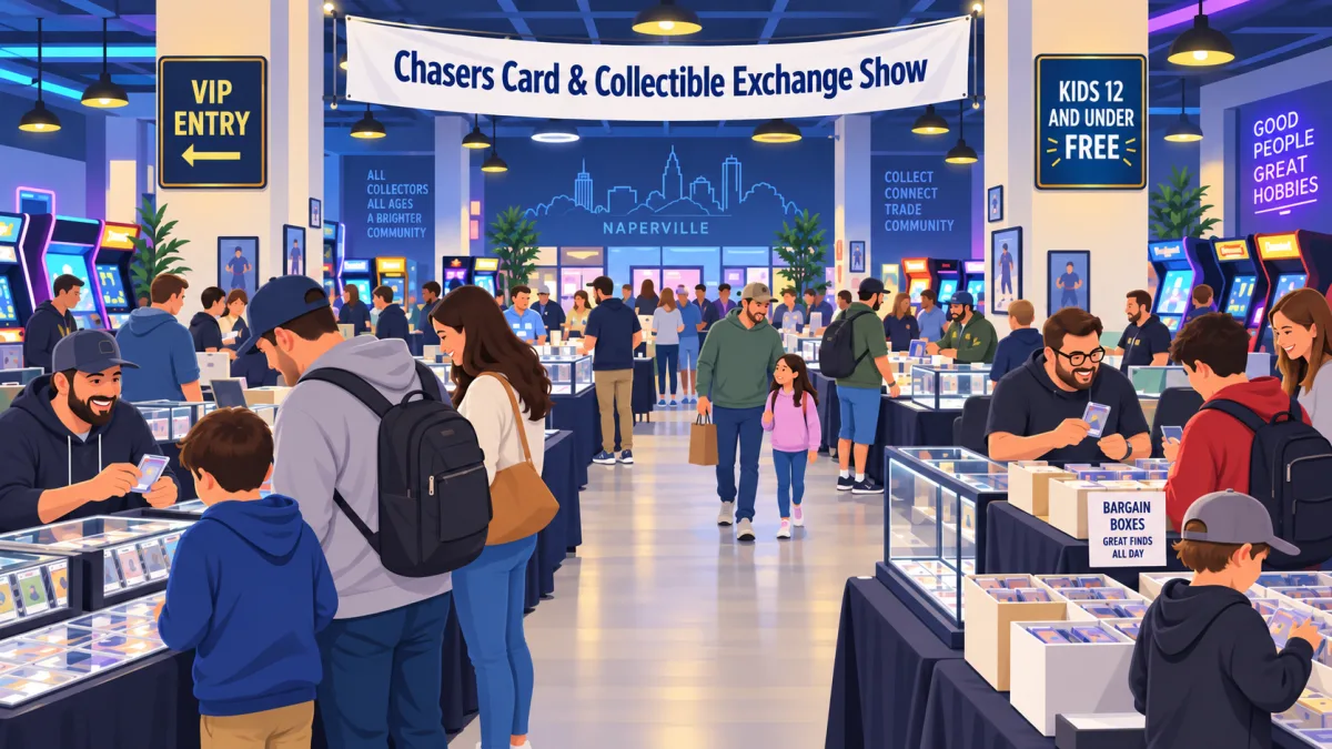 Illustrated Chasers Card & Collectible Exchange Show inside a Naperville arcade venue, with families and collectors browsing card tables beneath VIP entry and kids-free admission signs.