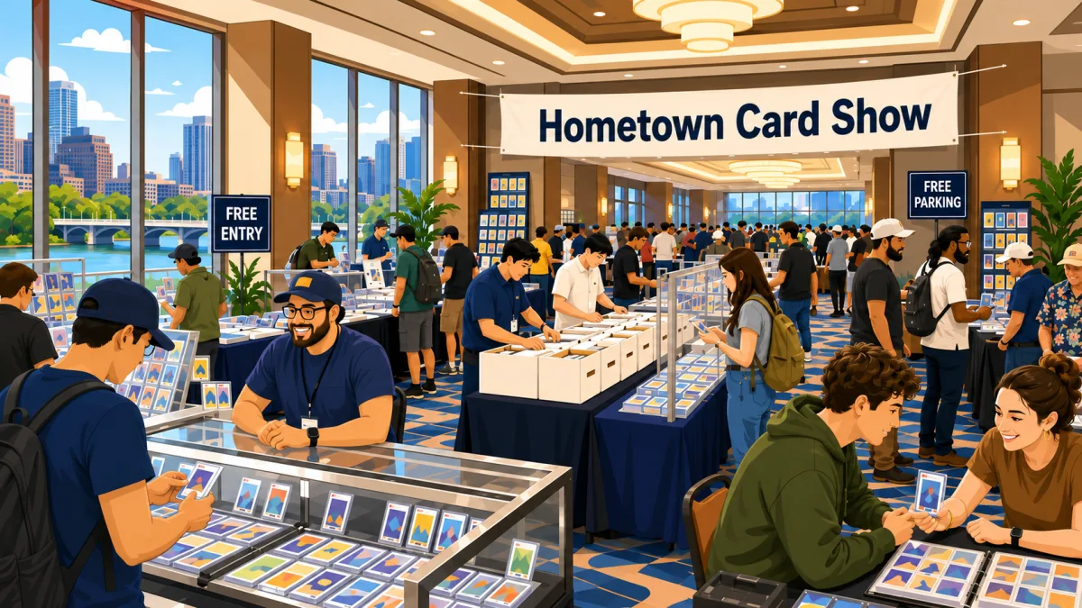 Collectors browse vendor tables and display cases inside a bright Austin hotel ballroom beneath a Hometown Card Show banner.