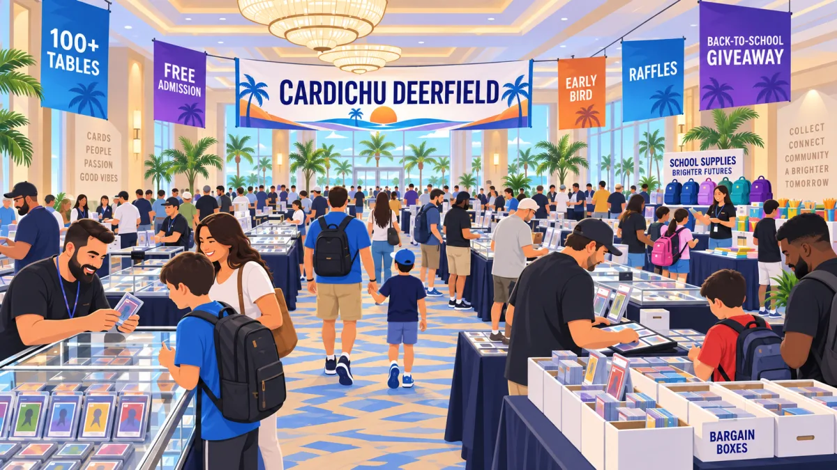 Illustration of collectors and families browsing more than 100 card tables in a South Florida hotel ballroom beneath a Cardichu Deerfield banner, with a school-supply giveaway station nearby.