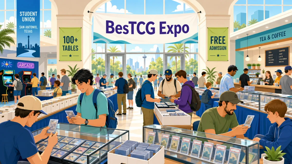 Collectors browse trading-card tables inside a bright university student union beneath a BesTCG Expo banner, with a tea counter and arcade area in the background.