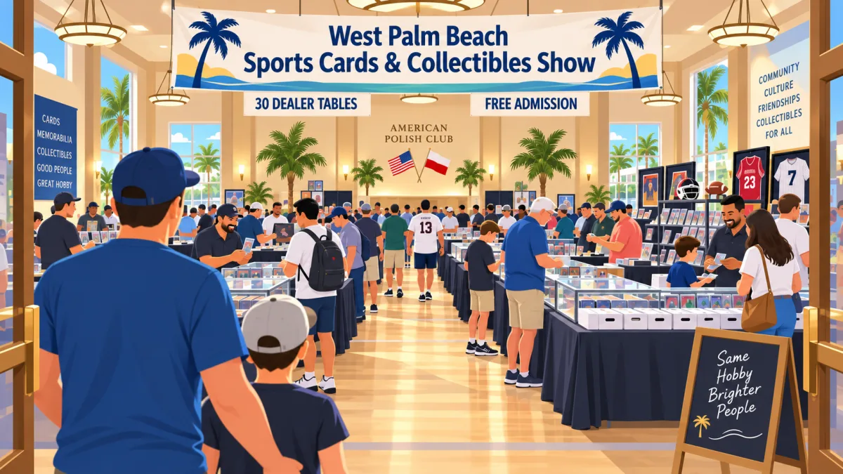 Collectors and families browse card displays beneath a West Palm Beach Sports Cards & Collectibles Show banner inside a South Florida event hall.