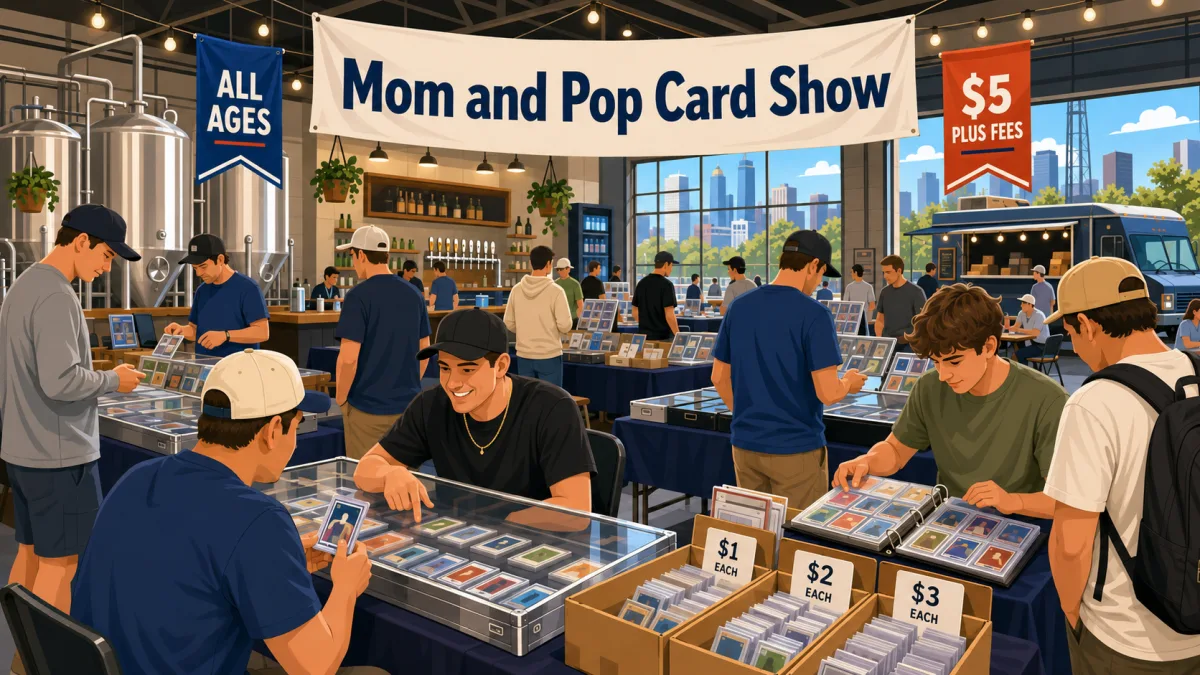Mom and Pop Card Show at an indoor brewery, with collectors browsing glass display cases of graded cards and dollar bargain boxes near a food truck.