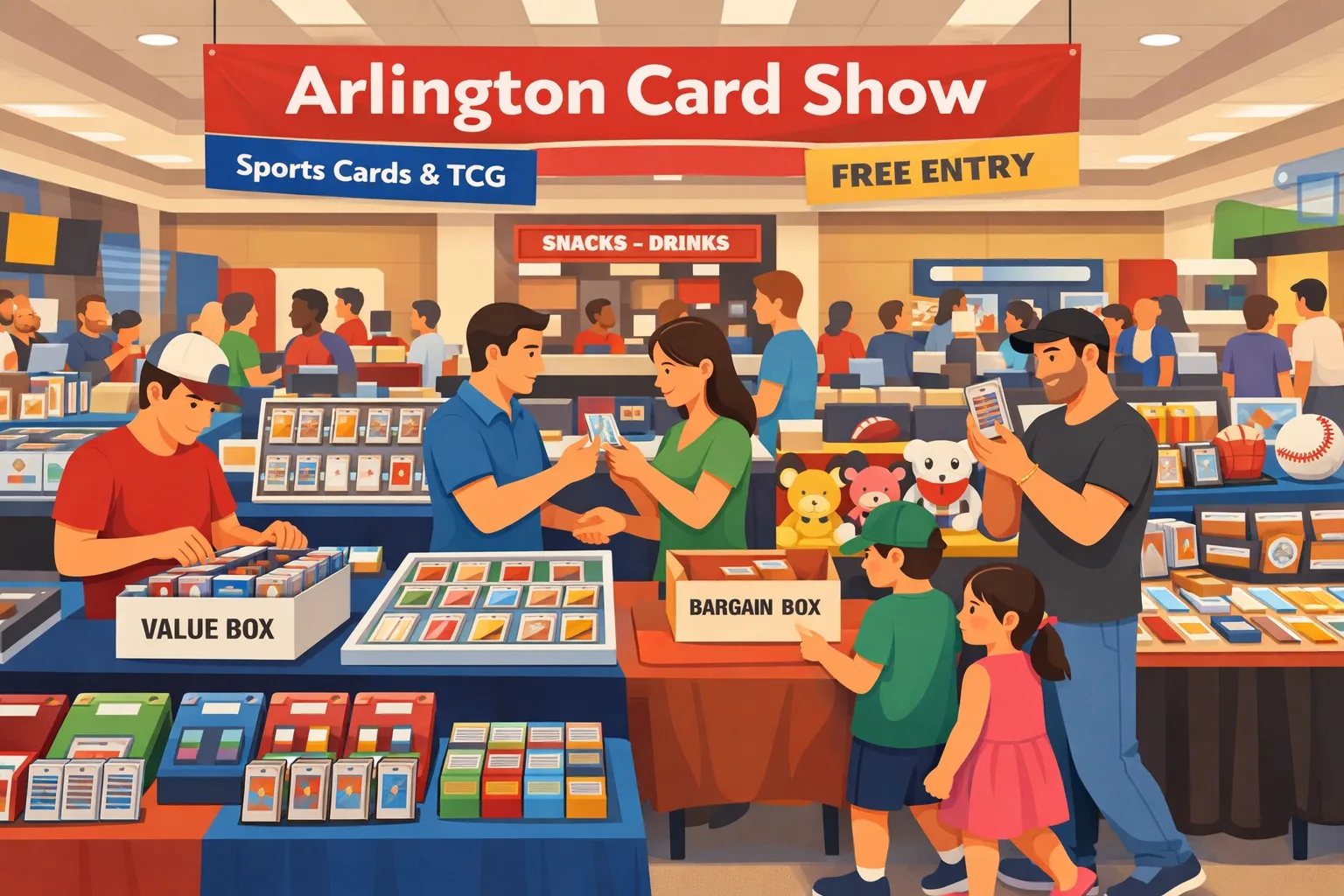 Arlington Card Show Sports/TCG Edition hero illustration in Arlington, Texas, showing a busy recreation center with vendor tables, sports cards, trading card collectors, display cases, and a family-friendly crowd on June 13, 2026.