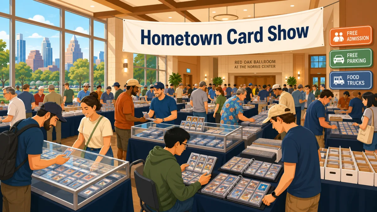 Illustrated Hometown Card Show floor inside Austin’s Red Oak Ballroom, with collectors browsing card tables beneath free-admission and free-parking signs.