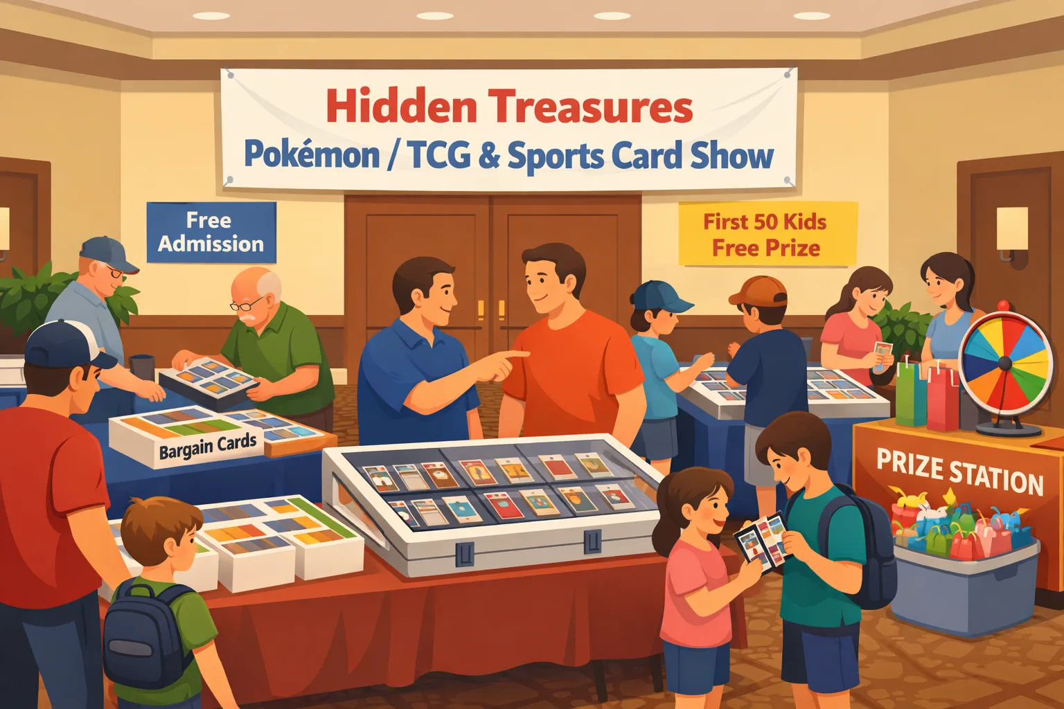 Hidden Treasures Pokémon / TCG & Sports Card Show in Carol Stream, Illinois, inside a hotel event room with vendor tables, slabs, binders, display cases, bargain boxes, a prize station, and families browsing cards.