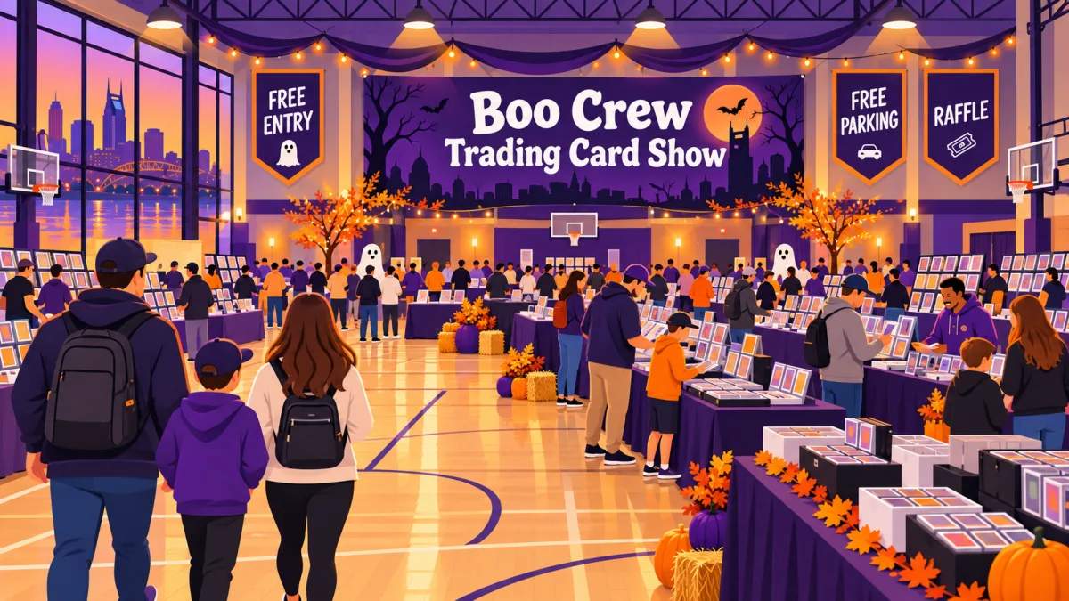Collectors browse card tables on a basketball court beneath a Boo Crew Trading Card Show banner with free-entry, free-parking, and raffle signs.