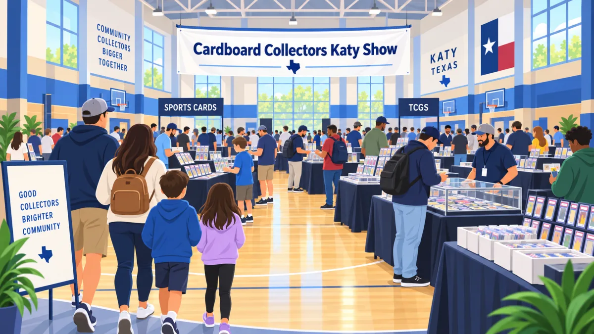 Vector-style illustration of collectors browsing card tables inside a Katy sports center beneath a Cardboard Collectors Katy Show banner.