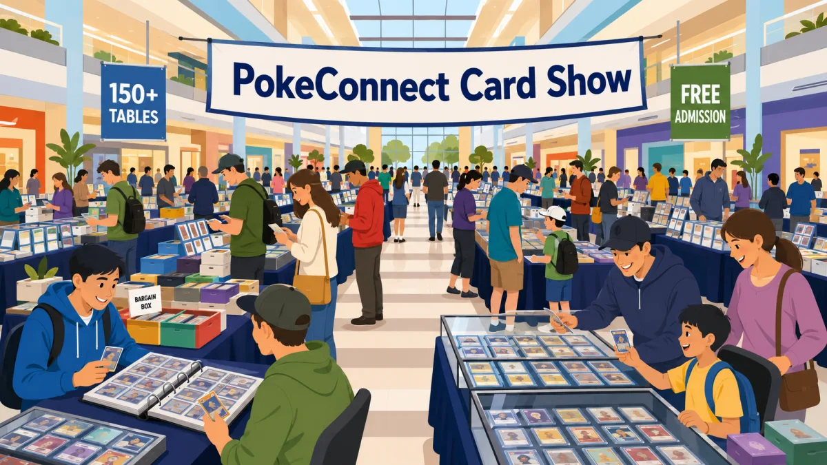 Illustration of collectors browsing card tables inside a bright mall beneath a PokeConnect Card Show banner with 150+ tables and free admission callouts.