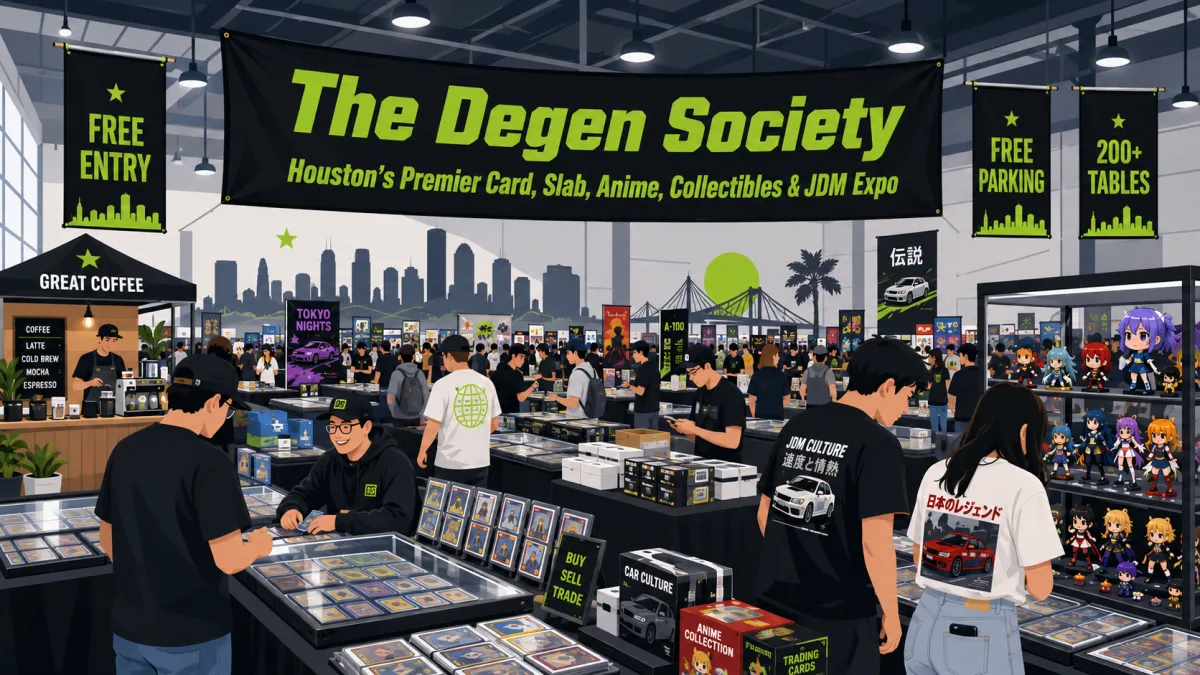 The Degen Society expo in Houston with 200+ tables of graded card slabs, anime figure cases, a JDM car display, and crowds under a Mt. Fuji mural.