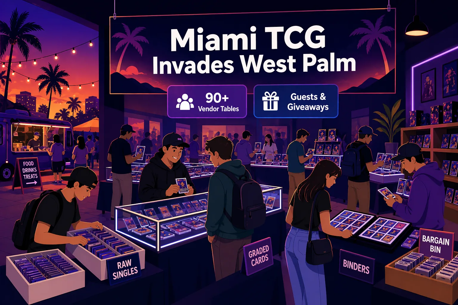 Illustration of Miami TCG Invades West Palm at G-Star Studios in Palm Springs, Florida, showing a busy TCG show floor with vendor tables, display cases, binders, collectibles, food trucks in the background, and a warm sunset vibe.