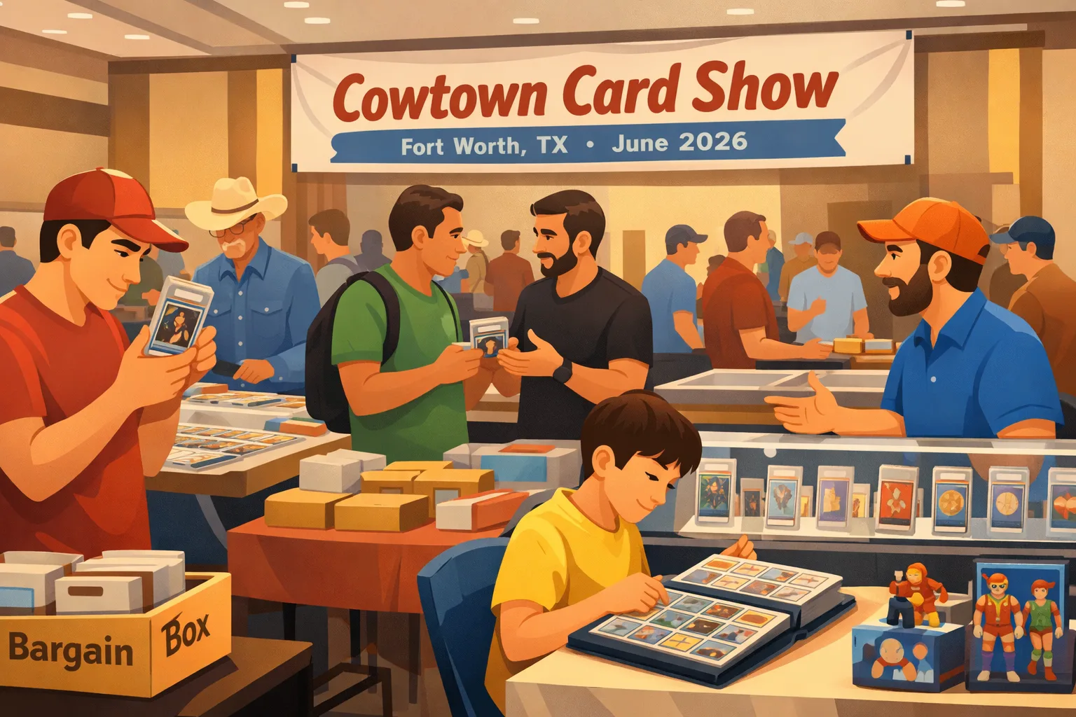 Cowtown Card Show Fort Worth hero illustration showing a man in a cowboy hat and other collectors browsing sports cards, Pokémon cards, and collectibles at a local Fort Worth card show in June 2026.