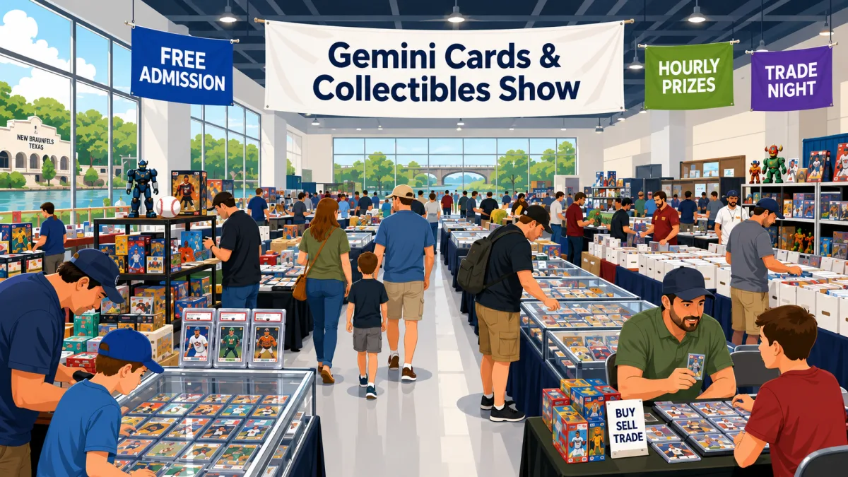 Gemini Cards & Collectibles Show in New Braunfels, TX. Vendor aisles with graded slab cases, action figure shelves, and a buy/sell/trade table.