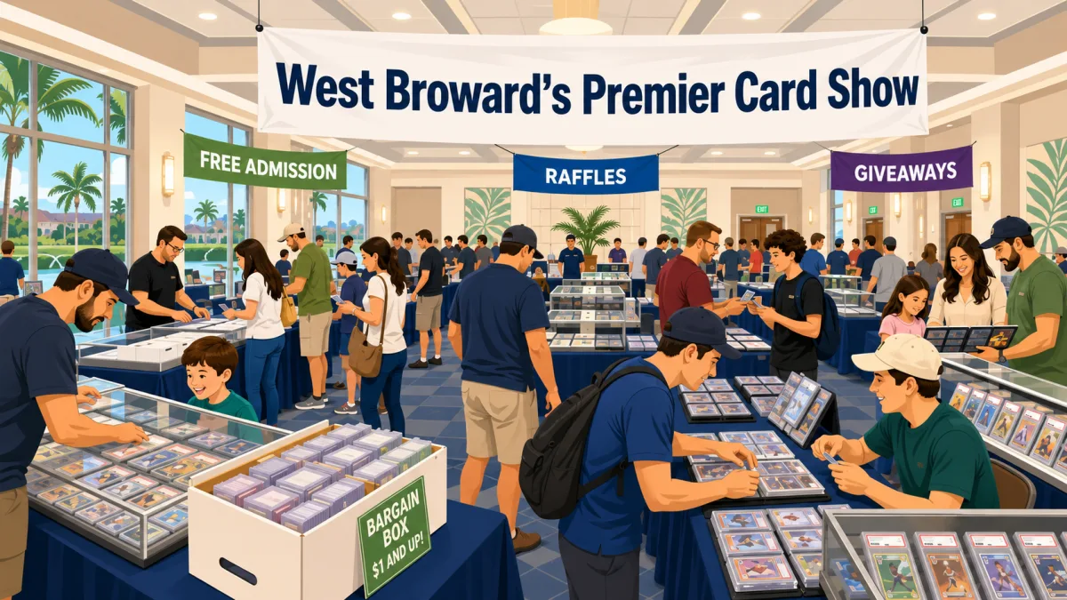 West Broward's Premier Card Show fills a bright Florida hotel ballroom with graded slab display cases, vendor tables, and a $1 bargain box bin.