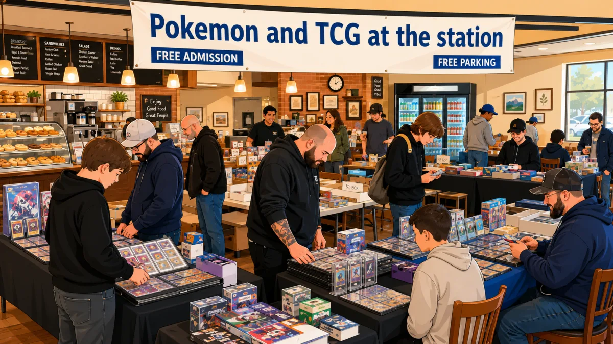 Pokemon and TCG at the Station card show inside a cozy cafe, with graded slab cases, sealed booster boxes, dollar box bins and vendors trading.