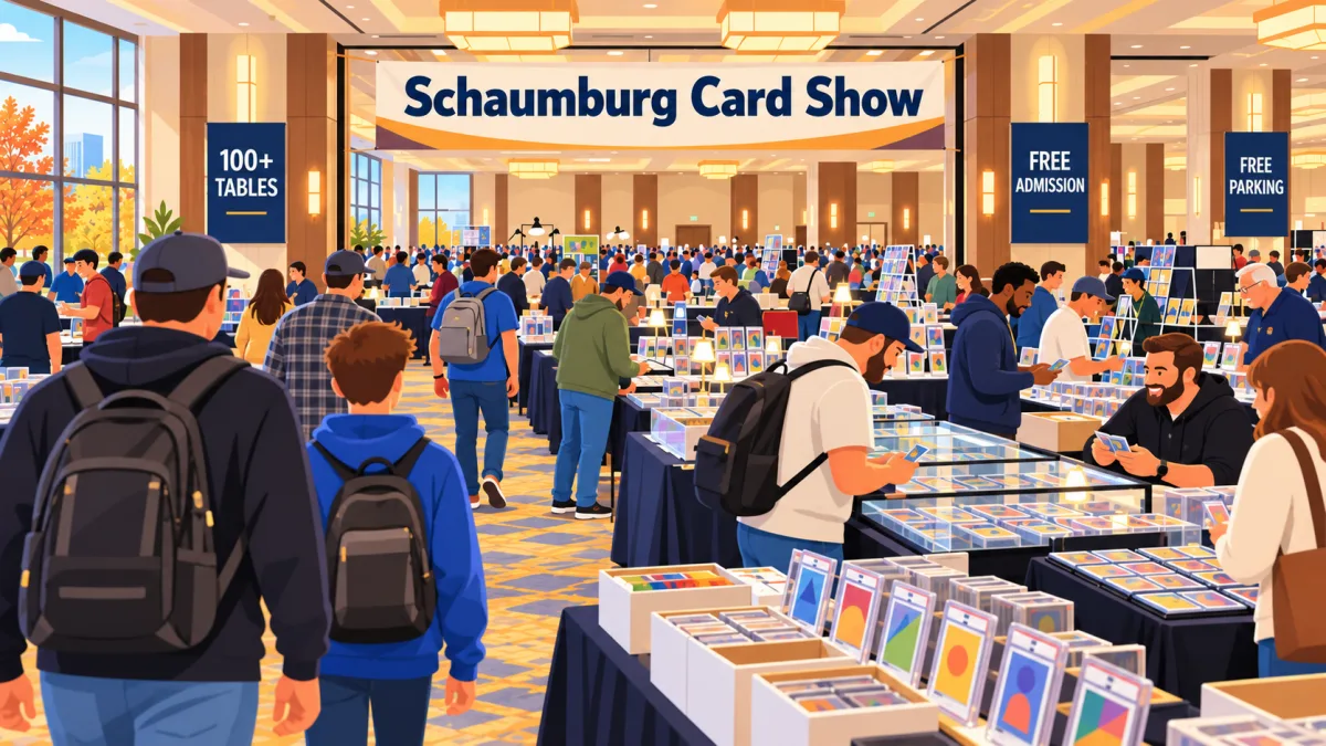 Collectors browse card-filled vendor tables and display cases inside a bright Schaumburg hotel ballroom beneath a Schaumburg Card Show banner. Signs highlight 100+ tables, free admission, and free parking.