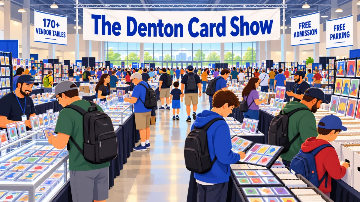 Collectors browse card, TCG, comic, and collectible tables inside a bright event hall beneath a banner for The Denton Card Show.