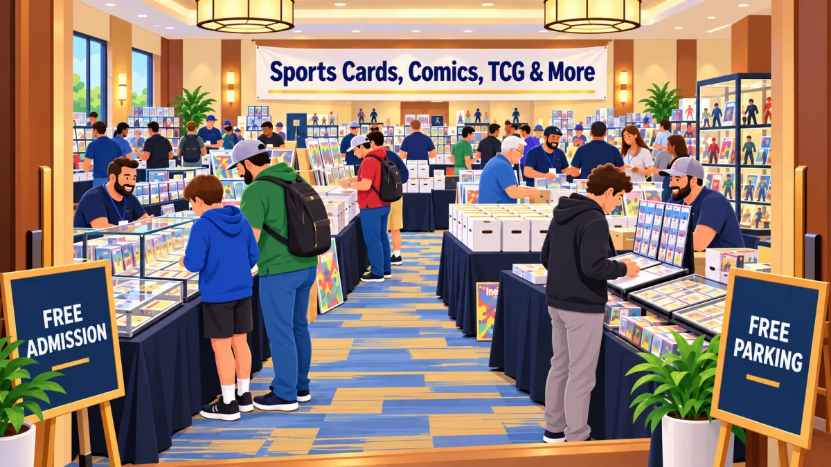 Illustration of collectors browsing card and comic tables inside a hotel meeting room beneath a Sports Cards, Comics, TCG & More banner.