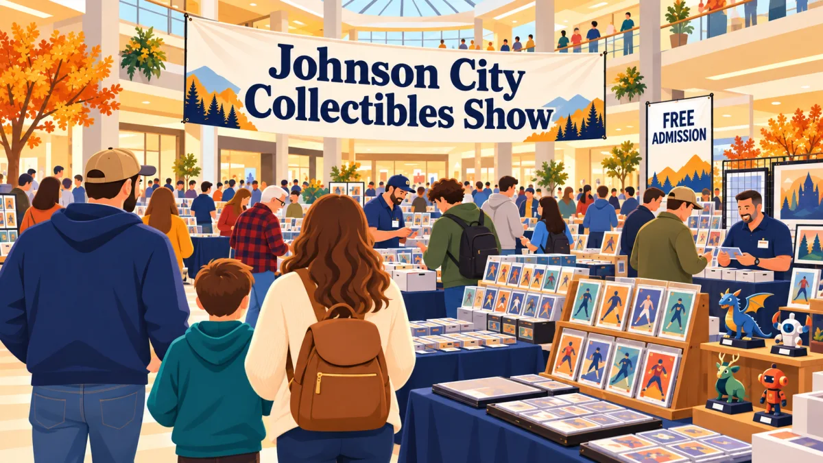 Collectors browse trading cards and collectibles at tables inside a bright shopping mall beneath a Johnson City Collectibles Show banner. A nearby sign reads Free Admission.