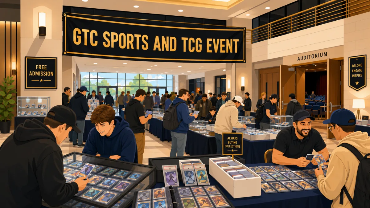 Editorial illustration of collectors browsing vendor tables inside a school performing arts center beneath a GTC Sports and TCG Event banner with a free admission sign.