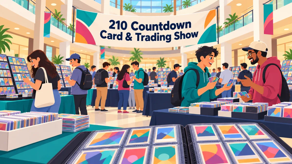 Collectors browse card displays and discuss a trade inside a shopping mall beneath a banner reading 210 Countdown Card & Trading Show. An open card binder fills the foreground.