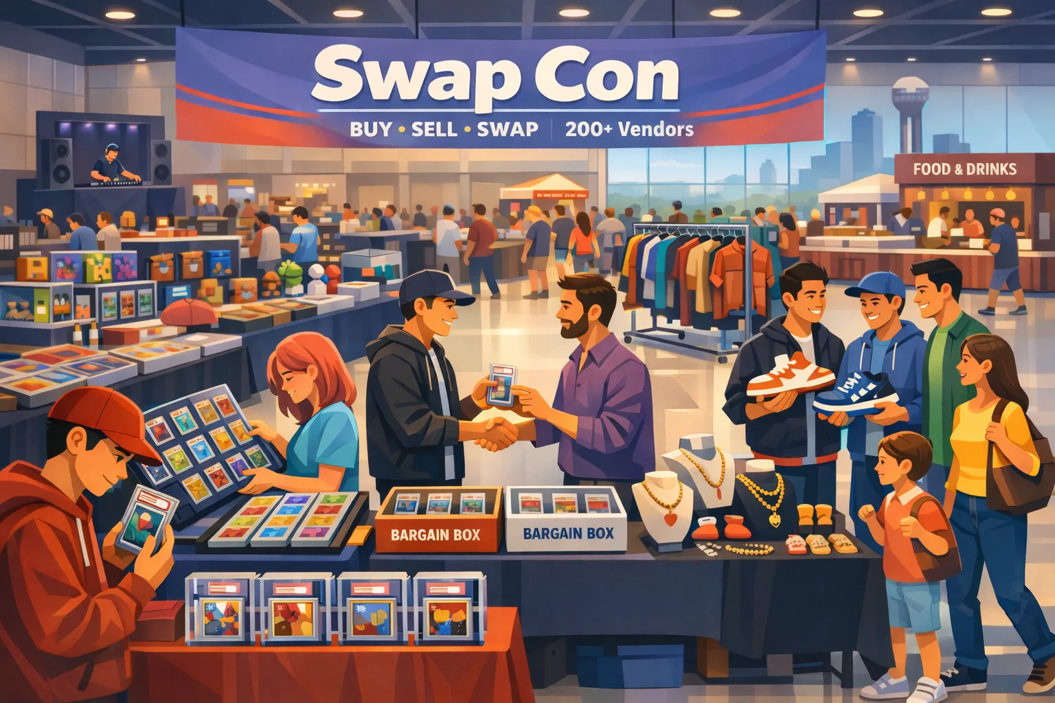 Swap Con June 2026 hero image showing a busy indoor collectibles convention at Dallas Market Hall with vendor tables, trading cards, sneakers, vintage clothing, toys, and attendees browsing in Dallas, Texas.