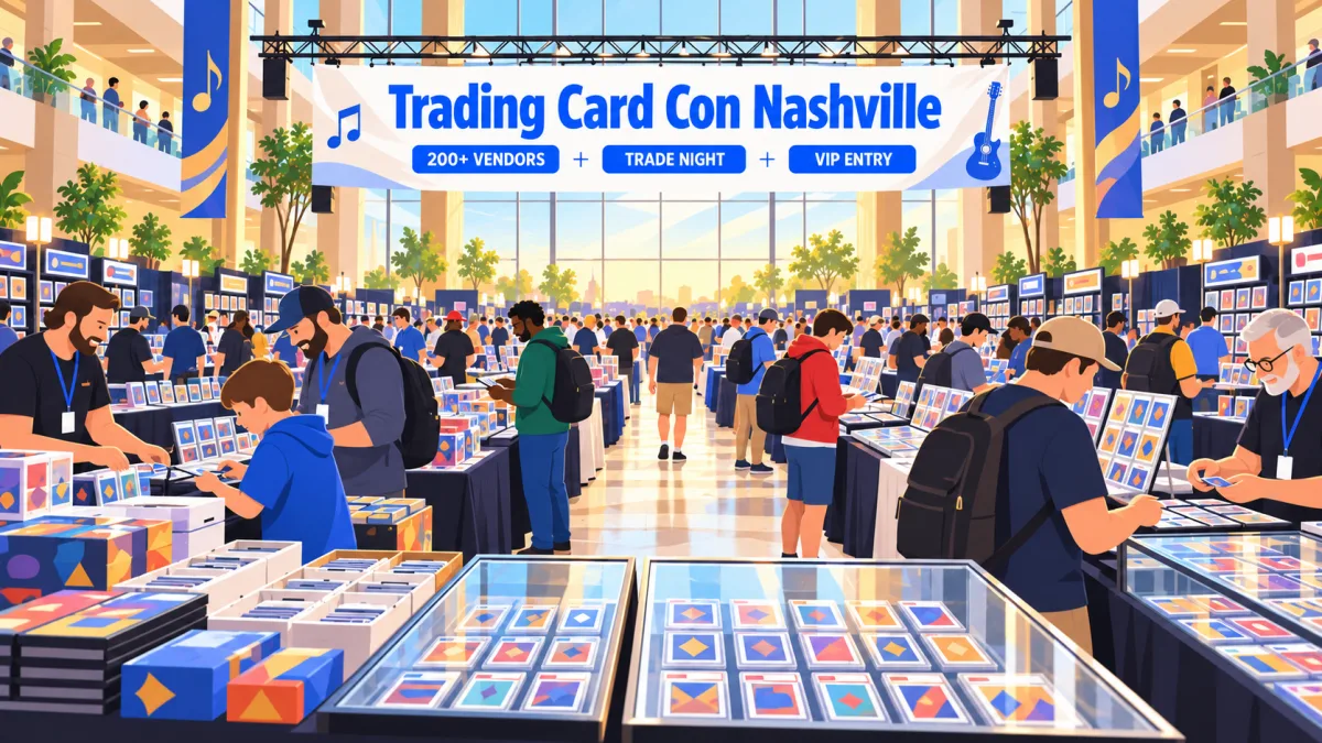 Collectors browse trading-card tables and display cases in a spacious Nashville convention hall beneath a Trading Card Con Nashville banner with vendor, trade-night, and VIP callouts.