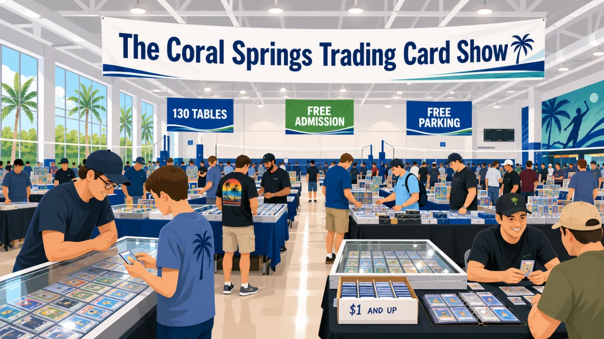Coral Springs Trading Card Show with collectors browsing glass display cases of graded cards and dollar bargain boxes at a busy indoor venue in Florida.