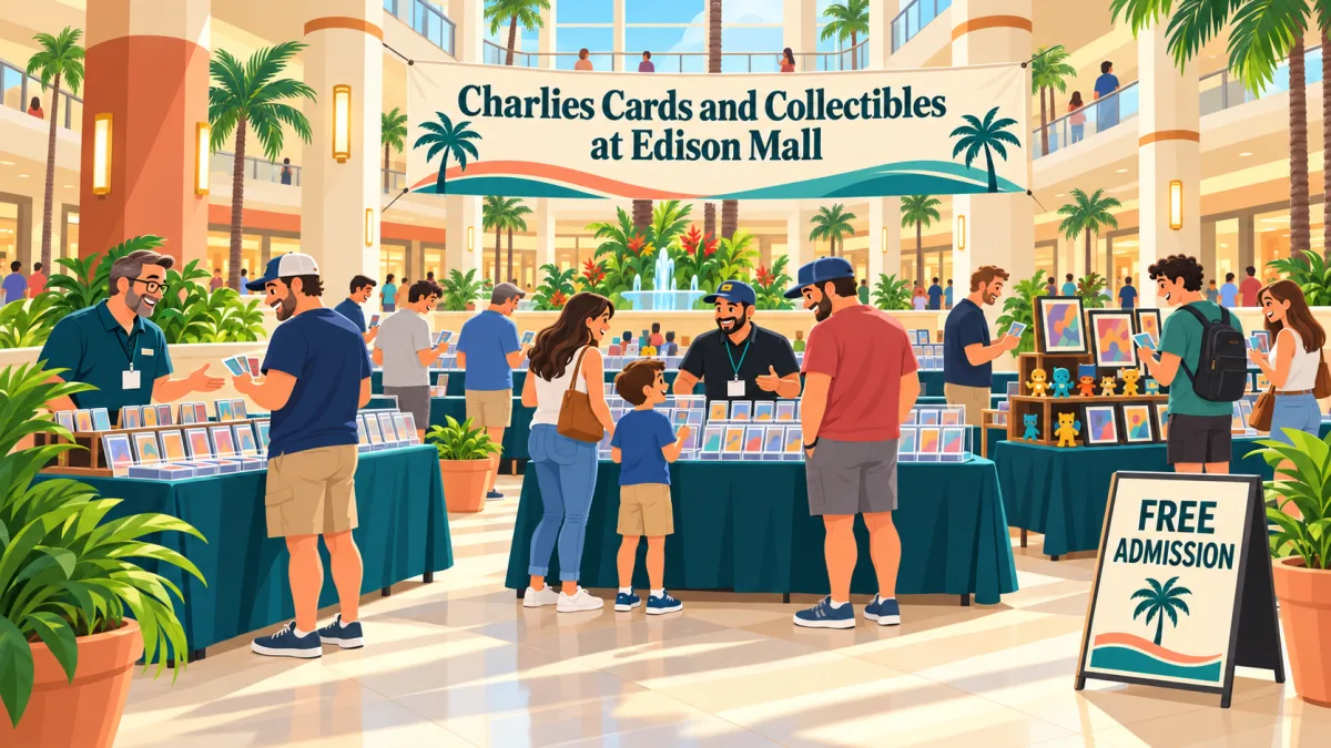 Collectors and a family browse trading cards, comics and collectibles at vendor tables in a bright indoor mall court. An overhead banner reads Charlies Cards and Collectibles at Edison Mall beside a free admission sign.