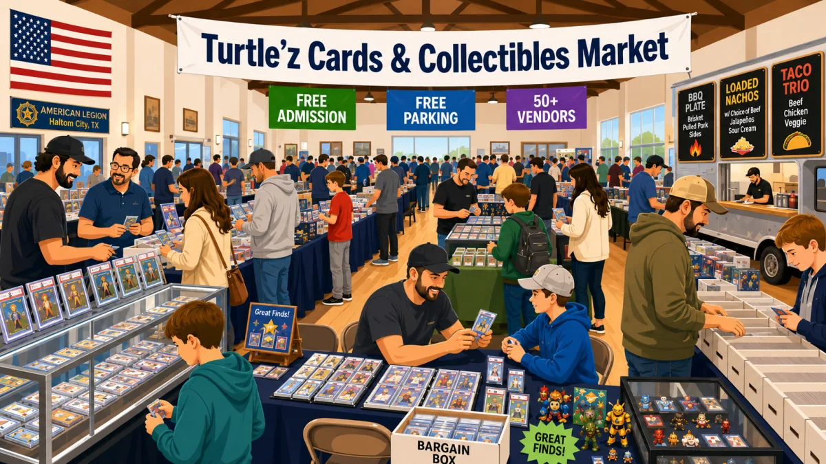 Turtle'z Cards & Collectibles Market hall with 50+ vendor tables, graded card display cases, bargain box bins, and on-site BBQ and taco food truck.