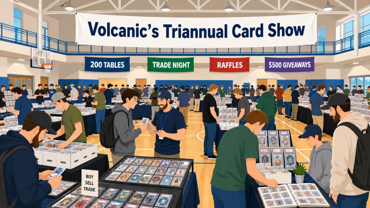Volcanic's Triannual Card Show fills a school gymnasium with 200 vendor tables, graded card display cases, and collectors at buy sell trade booths.