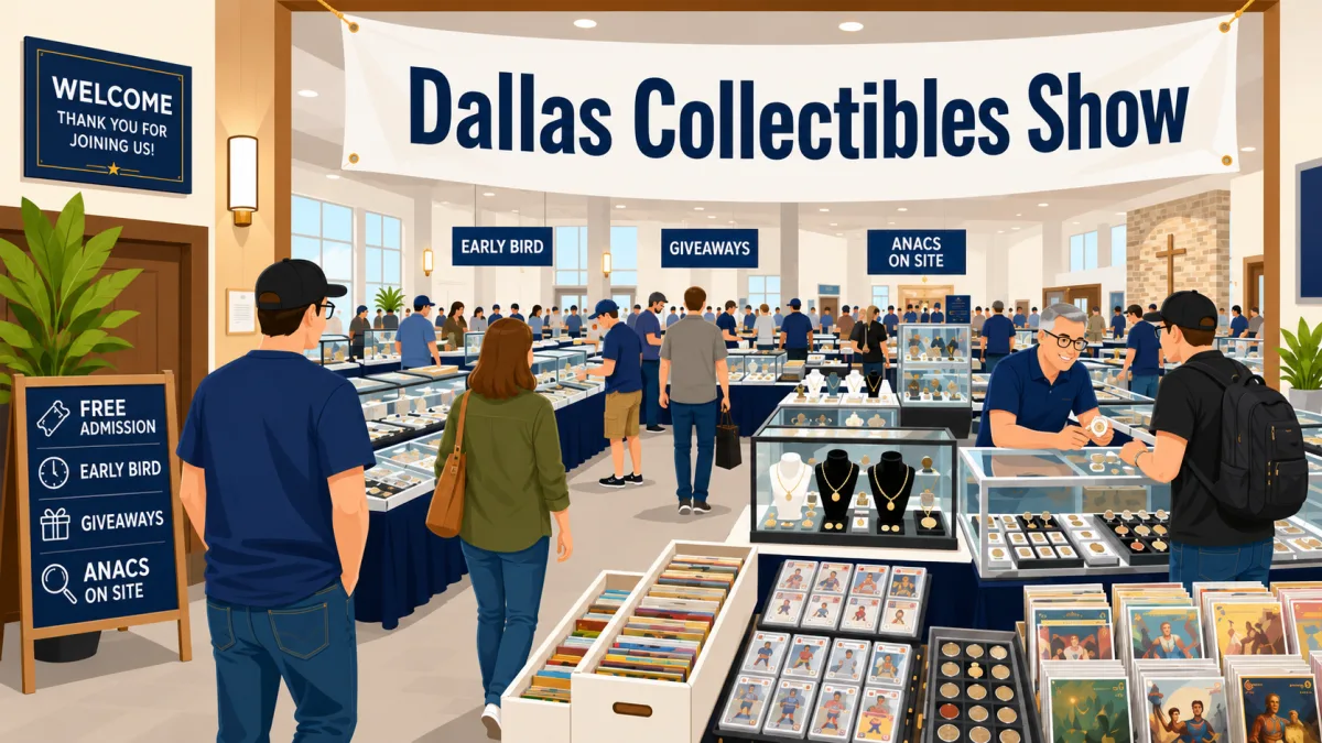 Dallas Collectibles Show in Texas with attendees browsing glass cases of gold jewelry, graded card slabs, and bargain box bins of trading cards