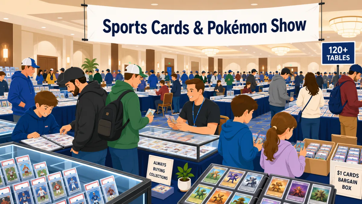 Sports Cards and Pokémon Show at Holiday Inn Johnson City in Johnson City, TN, with 120+ tables, graded card display cases, and a dollar bargain box.